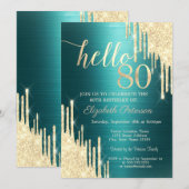 Invitation Gold Glitter Drips Green Metallic 80th Birthday (Devant / Derrière)
