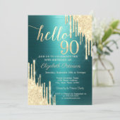 Invitation Gold Glitter Drips Green Metallic 90th Birthday (Debout devant)