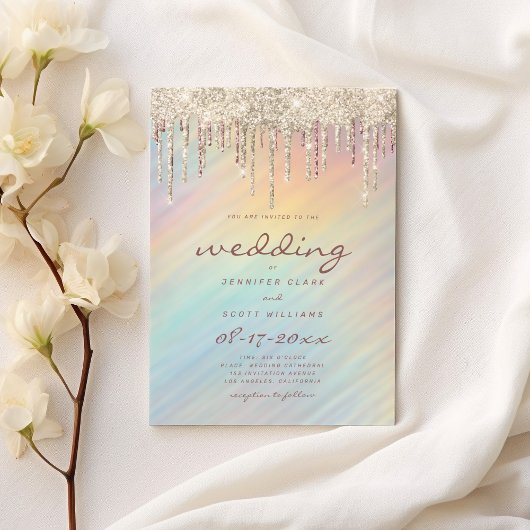 Invitation Gold Glitter Drips Rainbow Holographic Wedding