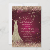 Invitation Gold Glitter Dust Border Dress Red 60th Birthday  (Devant)