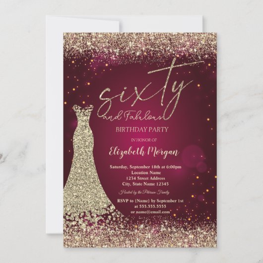 Invitation Gold Glitter Dust Border Dress Red 60th Birthday (Devant)