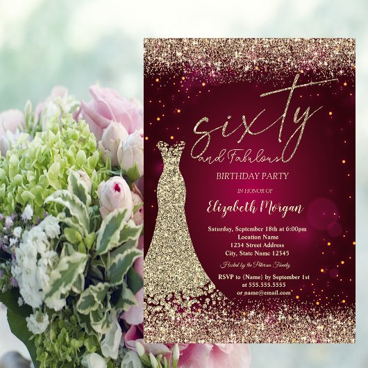 Invitation Gold Glitter Dust Border Dress Red 60th Birthday 