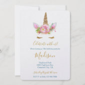 Invitation Gold Glitter Eyelash Pink Floral Unicorn Birthday (Devant)