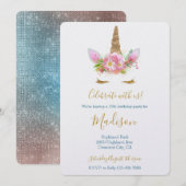 Invitation Gold Glitter Eyelash Pink Floral Unicorn Birthday (Devant / Derrière)