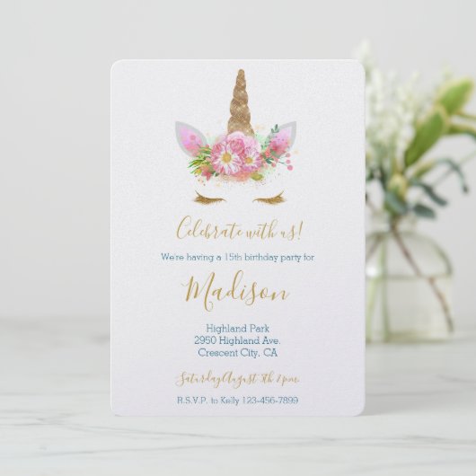 Invitation Gold Glitter Eyelash Pink Floral Unicorn Birthday (Debout devant)