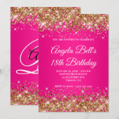 Invitation Gold Glitter Hot Pink Ombre Monogram 18th Birthday (Devant / Derrière)