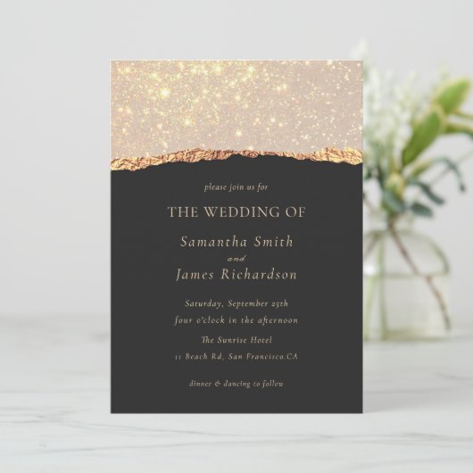Invitation Gold Glitter Marble Black Wedding  (Debout devant)