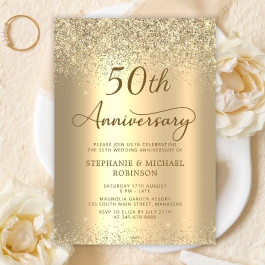 Invitation Gold Glitter Metallic 50th Wedding Anniversary