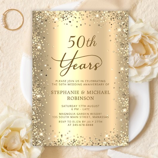 Invitation Gold Glitter Metallic 50th Wedding Anniversary