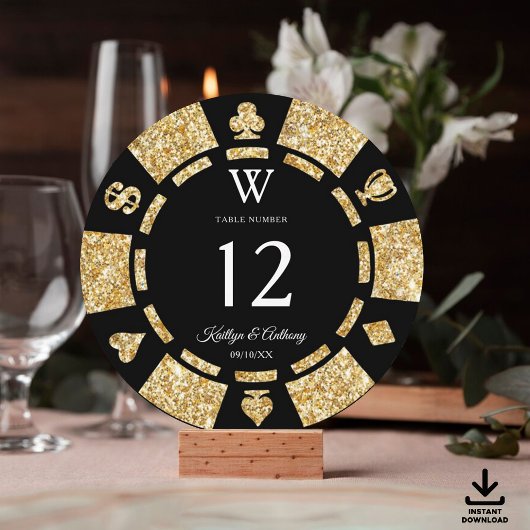 Invitation Gold Glitter Monogram Poker Chip Casino Wedding