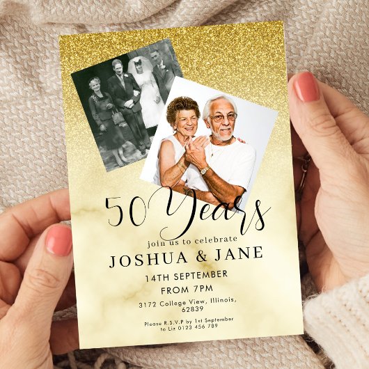 Invitation Gold Glitter Photo 50th Wedding Anniversary