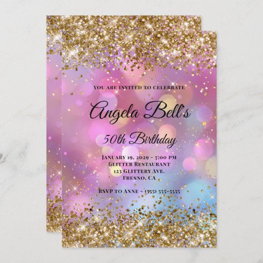 Invitation Gold Glitter Pink Bokeh (Devant / Derrière)