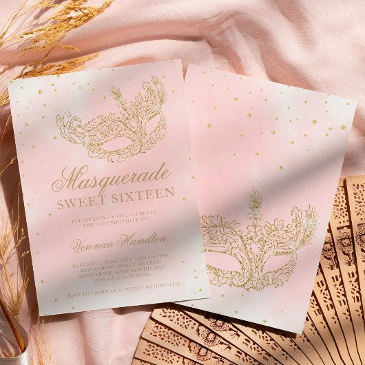 Invitation gold glitter pink masquerade mask Sweet 16