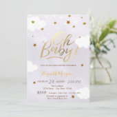 Invitation Gold Glitter Stars Clouds Lavender Baby Shower (Debout devant)