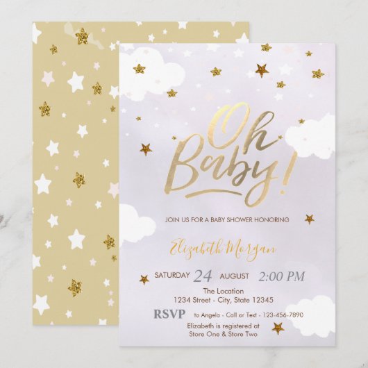 Invitation Gold Glitter Stars Clouds Lavender Baby Shower (Devant / Derrière)