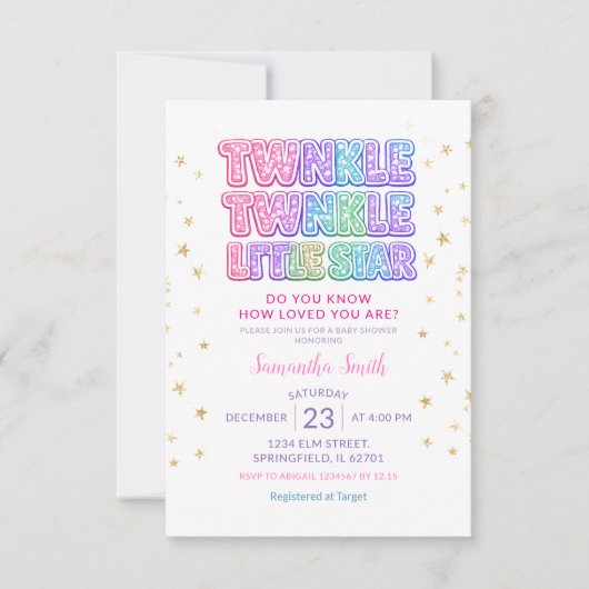 Invitation Gold Glitter Twinkle Little Star Baby Shower (Devant)