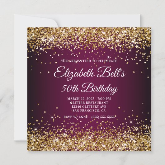 Invitation Gold Glitter Wine Dark Ombre 50th Birthday (Devant)