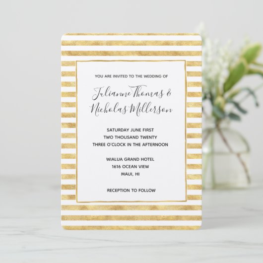 Invitation Gold Glitzy Stripes Mariage Invite (Debout devant)