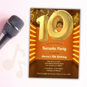 Invitation Gold Glow Singing Karaoke 10e fête d'anniversaire