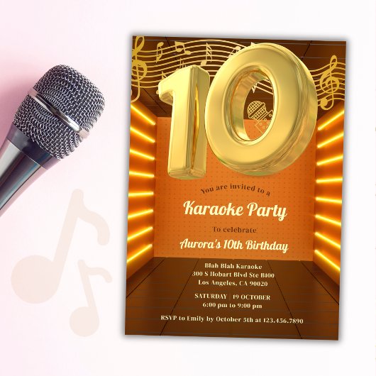 Invitation Gold Glow Singing Karaoke 10e fête d'anniversaire
