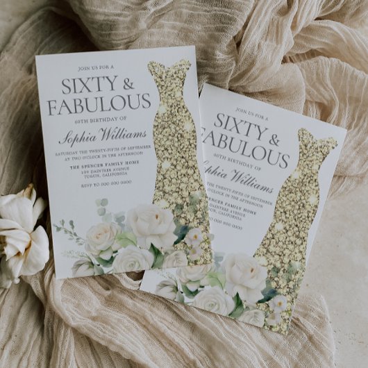 Invitation Gold Gown Fleurs blanches élégant 60e anniversaire