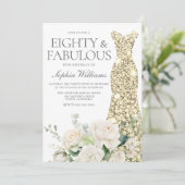 Invitation Gold Gown Fleurs blanches Élégant 80e anniversaire (Debout devant)