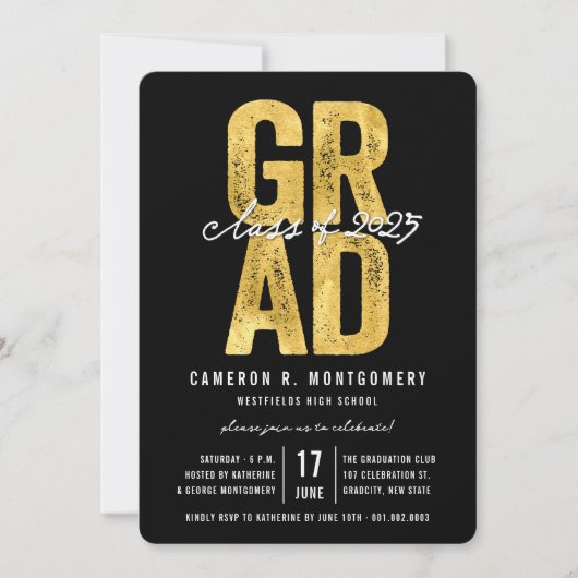 Invitation Gold GRAD Class of 2025 Stylish Graduation Party (Devant)
