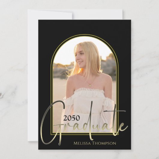 Invitation Gold Graduate Script Black Arch Photo QR Code (Devant)