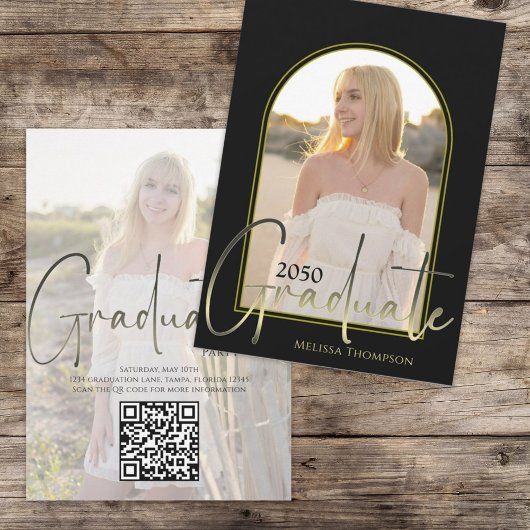 Invitation Gold Graduate Script Black Arch Photo QR Code