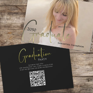 Invitation Gold Graduated Black Calligraphy Photo QR Code