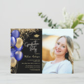 Invitation Gold Graduation Party Ballons bleu marine (Debout devant)