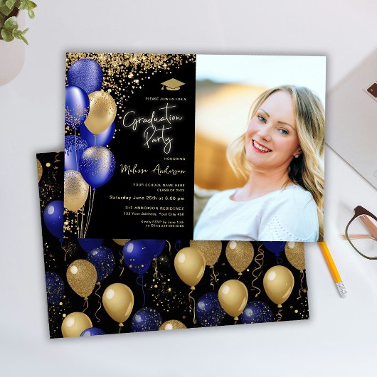 Invitation Gold Graduation Party Ballons bleu marine
