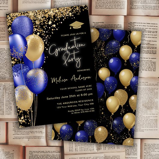 Invitation Gold Graduation Party Ballons bleu marine