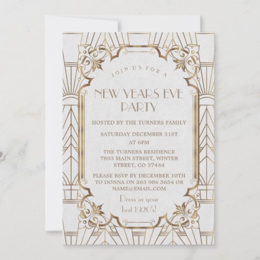 Invitation Gold Great Gatsby White 1920 New Year Party (Devant)