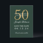 Invitation Gold Green 50th Birthday Enregistrer la date Détai<br><div class="desc">Design élégant "50th Birthday Party" avec un script de typographie formel,  nom personnalisé et texte de détails. Facile à utiliser et facile à personnaliser. Commandez aujourd'hui !</div>