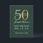 Invitation Gold Green 50th Birthday Enregistrer la date Détai<br><div class="desc">Design élégant "50th Birthday Party" avec un script de typographie formel,  nom personnalisé et texte de détails. Facile à utiliser et facile à personnaliser. Commandez aujourd'hui !</div>