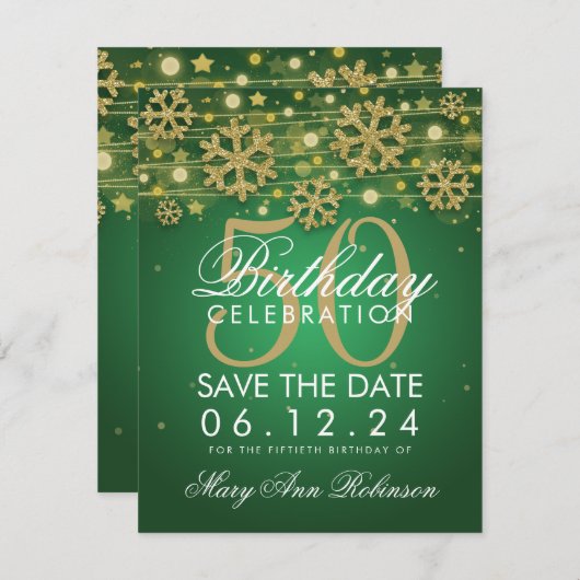 Invitation Gold Green 50th Birthday Save Date Winter (Devant / Derrière)