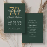 Invitation Gold Green 70th Birthday Enregistrer la date avec<br><div class="desc">Design élégant "70th Birthday Party" avec un script de typographie formel,  nom personnalisé et texte de détails. Facile à utiliser et facile à personnaliser. Commandez aujourd'hui !</div>