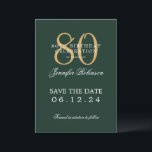 Invitation Gold Green 80th Birthday Enregistrer la date<br><div class="desc">Design élégant "80th Birthday Party" avec un script de typographie formel,  nom personnalisé et texte détaillé. Facile à utiliser et facile à personnaliser. Commandez aujourd'hui !</div>