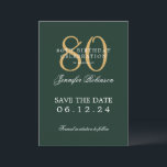 Invitation Gold Green 80th Birthday Enregistrer la date<br><div class="desc">Design élégant "80th Birthday Party" avec un script de typographie formel,  nom personnalisé et texte détaillé. Facile à utiliser et facile à personnaliser. Commandez aujourd'hui !</div>