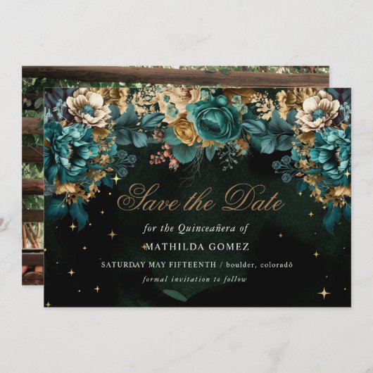 Invitation Gold Green Celestial Quinceañera Enregistrer la da (Devant / Derrière)