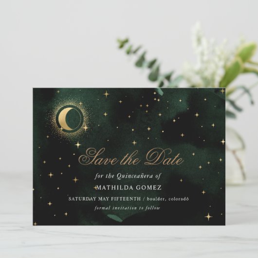Invitation Gold Green Celestial Quinceañera enregistrer la da (Debout devant)