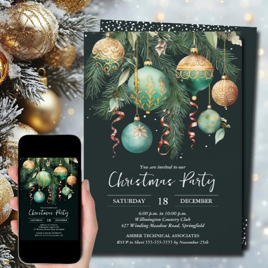 Invitation Gold Green Christmas Tree Ornaments Party