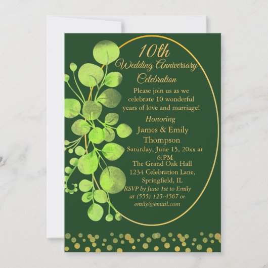 Invitation Gold & Green Eucalyptus 10e anniversaire de Mariag (Devant)