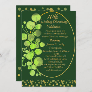 Invitation Gold & Green Eucalyptus 10e anniversaire de Mariag