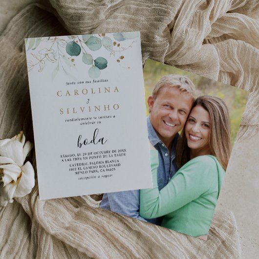 Invitation Gold Green Eucalyptus Calligraphie Boda Mariage