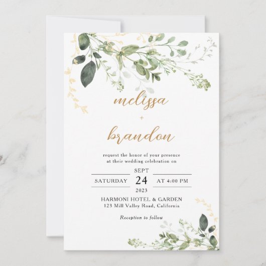Invitation Gold Green Eucalyptus Monogram Mariage de script (Devant)
