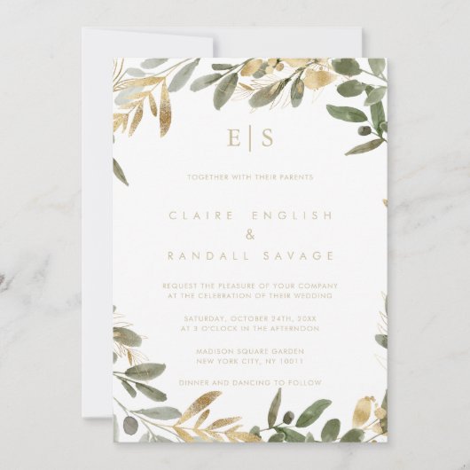 Invitation Gold Green Fall Nom Mariage initial (Devant)