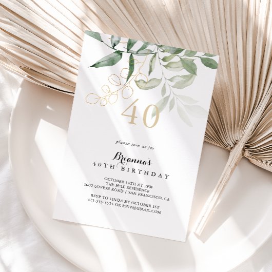 Invitation Gold Green Foliage 40e fête d'anniversaire