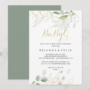 Invitation Gold Green Foliage BabyQ Baby shower Barbecue